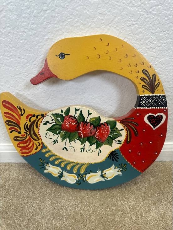 Other - Hand-Painted Wooden Folk Art Goose Tole Painting Strawberries Cottagecore 1980s